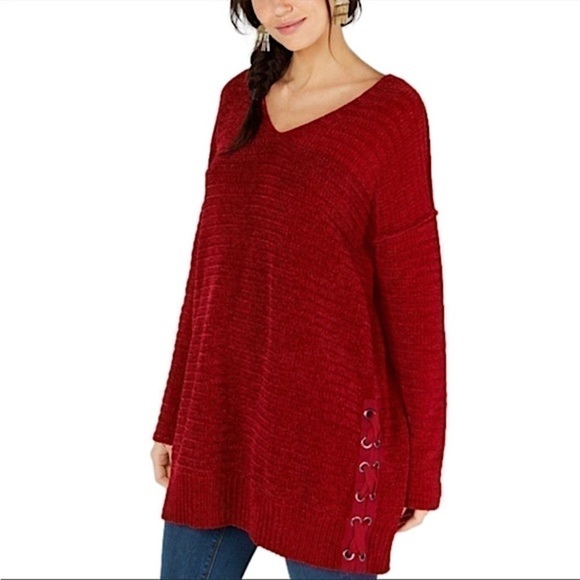 Style&co Red V-Neck Lace Up Sweater, L - Picture 2 of 10
